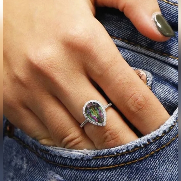 4.00 CTTW Lab Created Rainbow Mystic Topaz Pear Cut Sterling Silver Ring - Picture 2 of 3